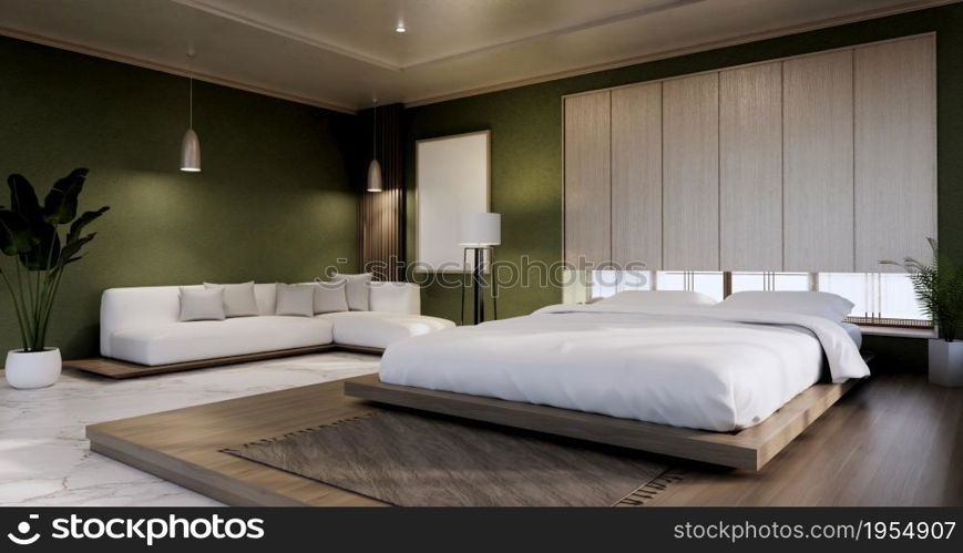 interior mock up with zen bed plant and decoartion in japanese green bedroom. 3D rendering.
