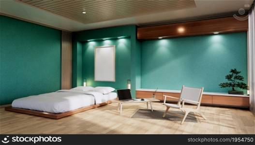 interior mock up with zen bed plant and decoartion in japanese mint bedroom. 3D rendering.