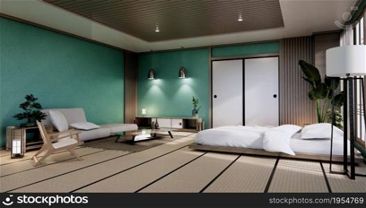 interior mock up with zen bed plant and decoartion in japanese mint bedroom. 3D rendering.