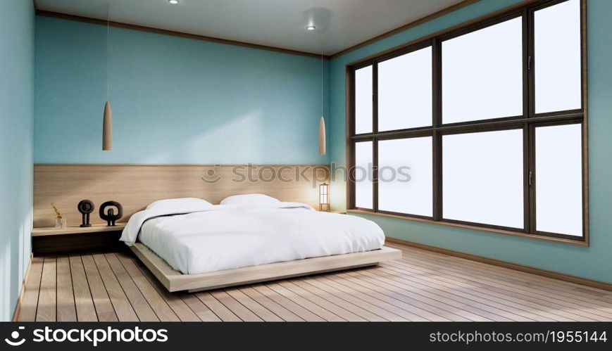 interior mock up with zen bed plant and decoartion in japanese mint bedroom. 3D rendering.