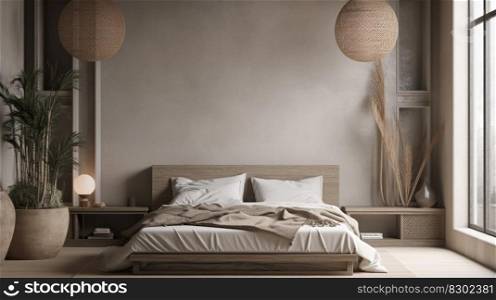 Interior nomadic style bedroom, background, generative ai
