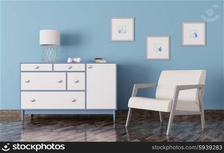 Interior of a living room with chest of drawers and armchair 3d render