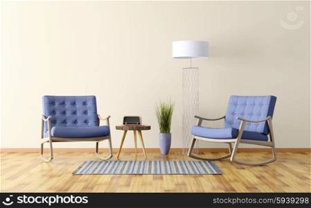 Interior of a living room with two rocking chairs, floor lamp 3d render