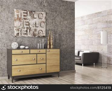 Interior of a living room with wooden cabinet against concrete wall 3d render