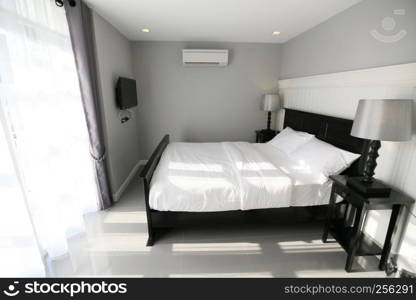 Interior of a luxury double bed hotel bedroom