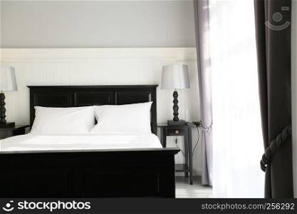 Interior of a luxury double bed hotel bedroom