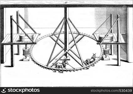 Interior of a mill two pair of wheels driven by animals, vintage engraved illustration. Magasin Pittoresque 1852.