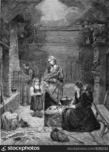Interior of a Norwegian home, vintage engraved illustration. Magasin Pittoresque 1857.