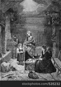Interior of a Norwegian home, vintage engraved illustration. Magasin Pittoresque 1857.