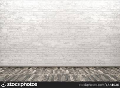 Interior of a room with brick wall and wooden floor background 3d rendering