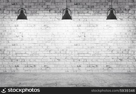 Interior of a room with brick wall, concrete floor and lamps 3d render