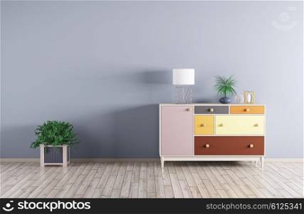 Interior of a room with cabinet and plant over blue wall 3d render