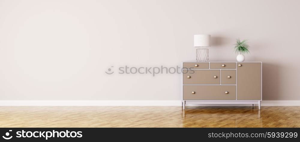 Interior of a room with chest of drawers panorama