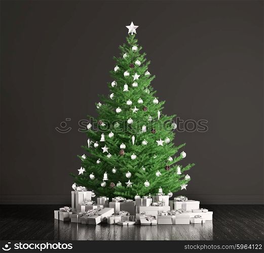 Interior of a room with christmas fir tree and white gifts over black wall 3d rendering