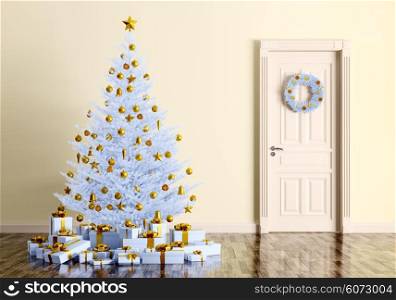 Interior of a room with christmas tree, gifts and wreath on door 3d rendering