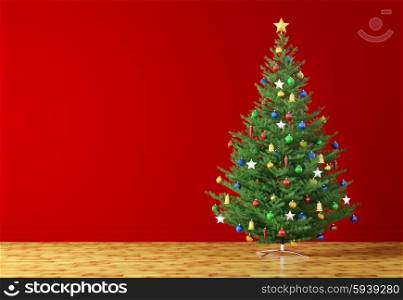 Interior of a room with christmas tree over red wall 3d rendering