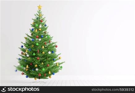 Interior of a room with christmas tree over white wall 3d rendering