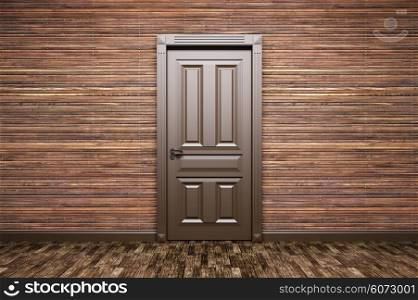 Interior of a room with classic brown door over wood paneling 3d rendering