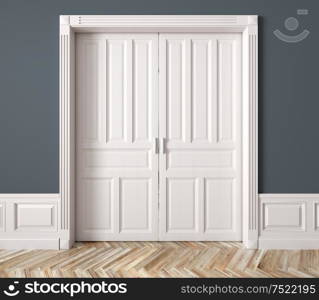 Interior of a room with classic white double sliding raised doors against blue wall 3d rendering