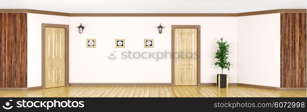 Interior of a room with classic wooden doors and paneling panorama 3d rendering