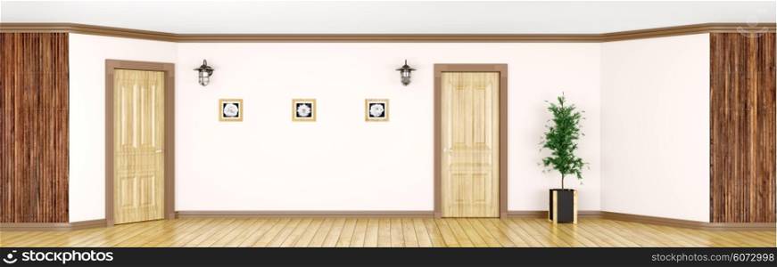 Interior of a room with classic wooden doors and paneling panorama 3d rendering
