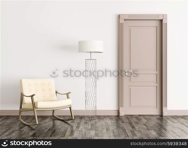Interior of a room with door and rocking chair 3d rendering