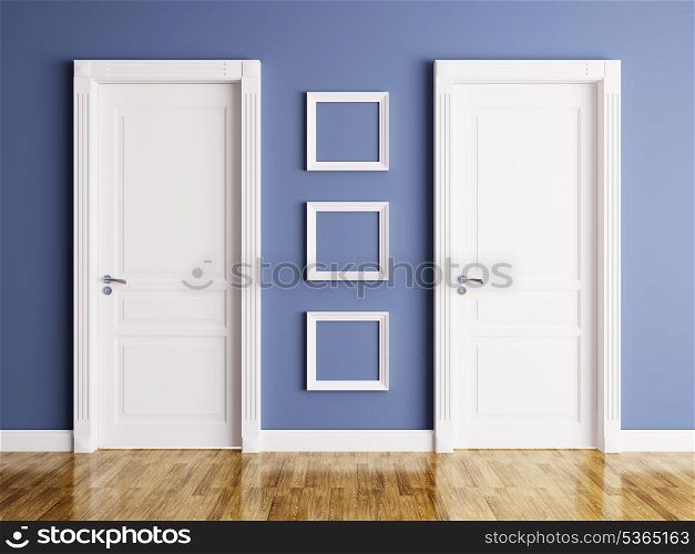 Interior of a room with two classic doors and frames
