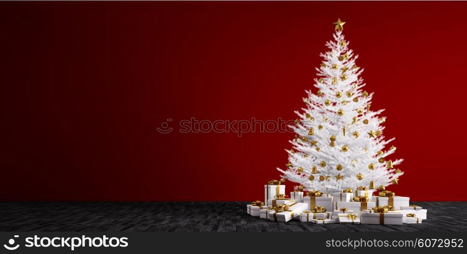 Interior of a room with white christmas tree, golden baubles and gifts over red wall 3d render