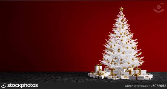 Interior of a room with white christmas tree, golden baubles and gifts over red wall 3d render