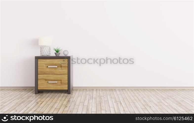 Interior of a room with wooden cabinet over white wall 3d render
