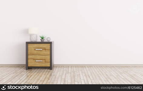 Interior of a room with wooden cabinet over white wall 3d render