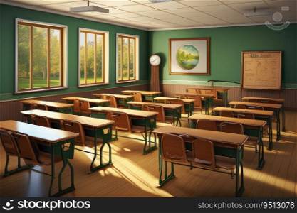 Interior of a school classroom with desks and chairs.