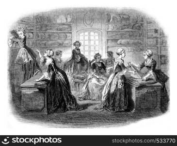 Interior of a shop in the eighteenth century, vintage engraved illustration. Magasin Pittoresque 1853.