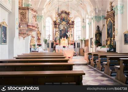 Interior of a small baroque church in Bavaria, Germany