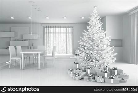 Interior of a white apartment with christmas tree and gifts 3d rendering