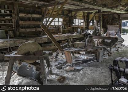 Interior of an old Dutch boat shed on the coast in the Netherlands.