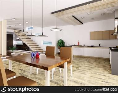 Interior of apartment hall kitchen dining room