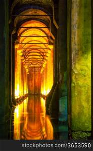 Interior of Basilica Cistern in Istanbul, Turkey