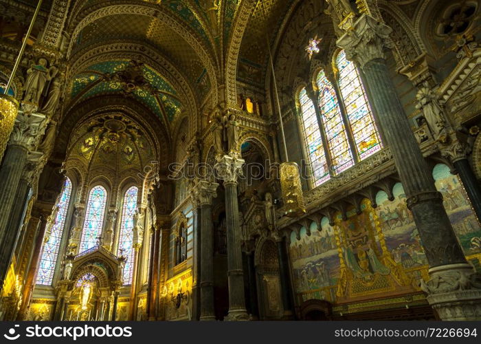 Interior of Basilica of Notre Dame de Fourviere in Lyon, France in a beautiful summer day