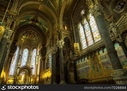 Interior of Basilica of Notre Dame de Fourviere in Lyon, France in a beautiful summer day