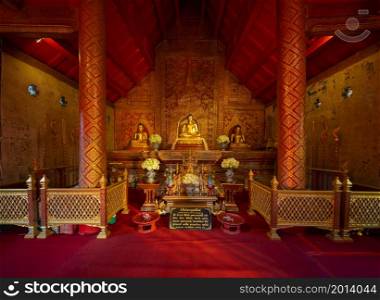 Interior of buddha pagoda statue, Wat Phra Singh Woramahawihan Temple Park, Chiang Mai, Thailand. Thai buddhist temple architecture. Tourist attraction.
