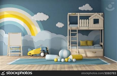 Interior of children room with bunk bed,decor objects on blue wall and toys - 3d rendering. Interior of children room with wooden bunk bed