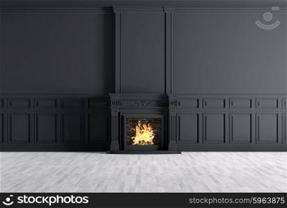 Interior of empty classic room with fireplace over black panels wall 3d rendering