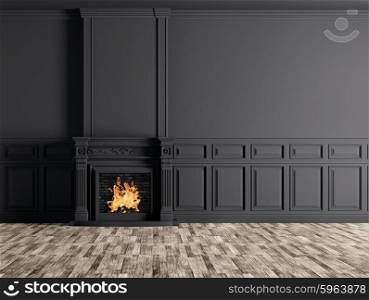 Interior of empty classic room with fireplace over black panels wall 3d rendering