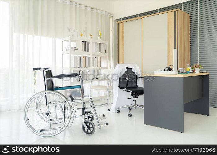 Interior of empty doctor office examination room workplace with equipment in clinic medical hospital of state health care center. Using for healthcare hospital industry concept.