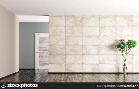 Interior of empty living room, wooden door,plant and concrete tiled wall 3d rendering