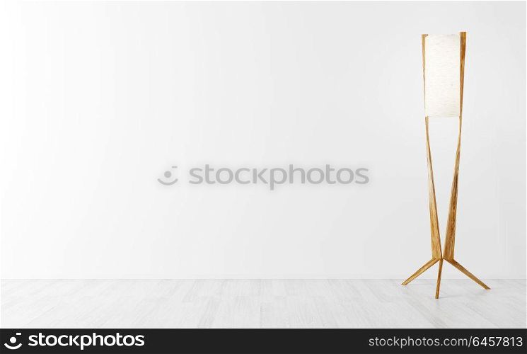 Interior of empty room background with wooden floor lamp over white wall 3d rendering
