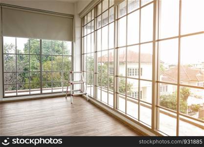 Interior of empty room with glass Wall building