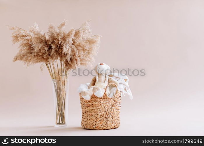 Interior of house of Natural accessories for home decor - dried plants in glass vase, wicker basket with teddy rabbit and plaid. Scandinavian cozy decor. copy space.. Interior of house of Natural accessories for home decor - dried plants in glass vase, wicker basket with teddy rabbit and plaid. Scandinavian cozy decor. copy space