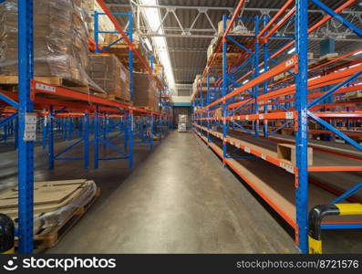 Interior of large warehouse retail store industry. Rack of furniture and home accessories stock storage. Interior of cargo in ecommerce and logistic concept. Depot